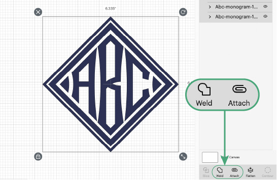 Attach and Weld monogram in Cricut