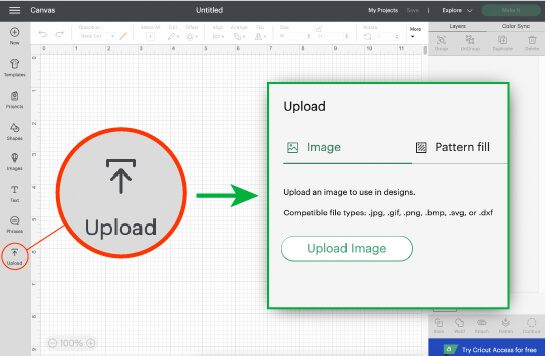 Click the Cricut Design Space Upload button