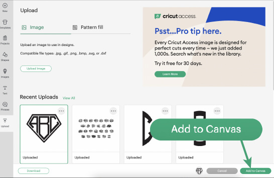 Add uploaded design to Cricut Canvas