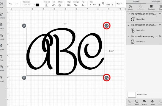 Make the adjustments to monogram in Cricut