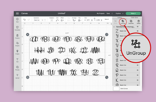Ungroup monogram letters Cricut