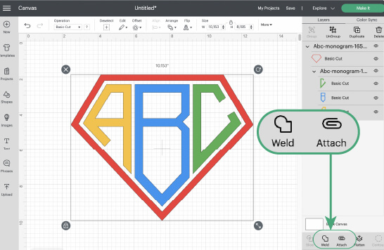 Weld and Attach monogram in Cricut